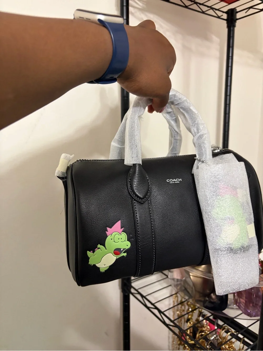 COACH Black Leather Duffel with Green Character Accent
